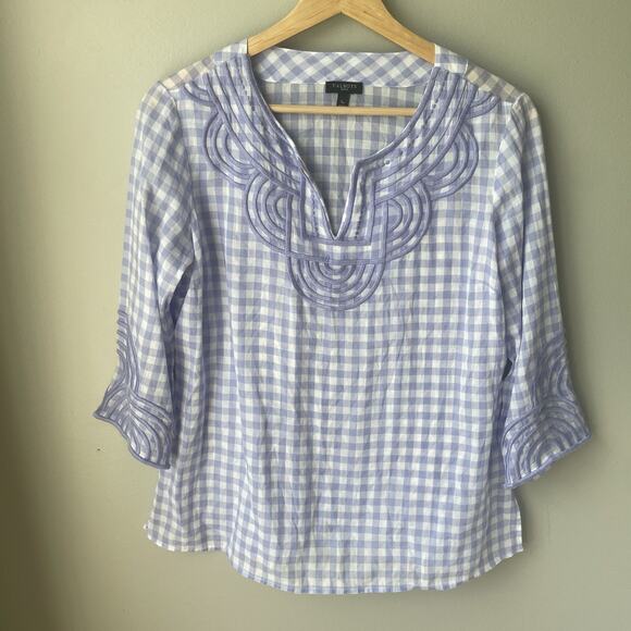 Talbots Popover Top Gingham Plaid Women’s Periwinkle Embroidered Boho Size SP - Picture 3 of 6